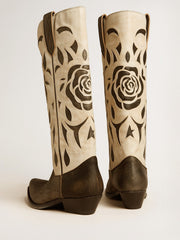 Golden Goose Wish Star boots in black and white leather with inlay rose and star