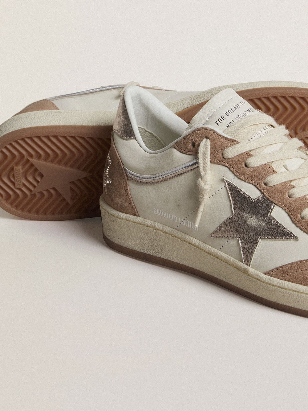 Golden Goose Ball Star LTD in white nappa leather and old rose suede with metallic silver leather star and heel tab
