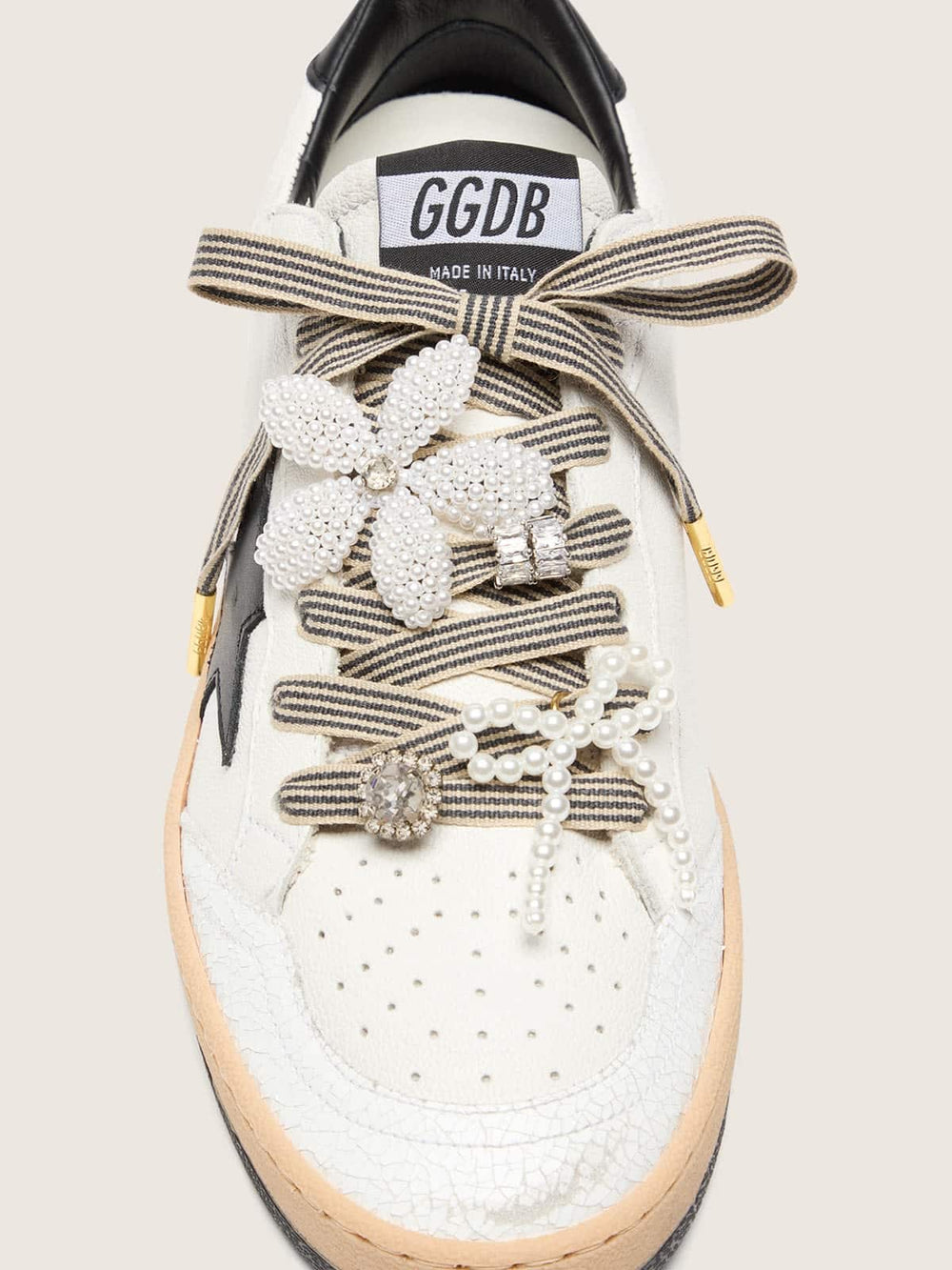 Golden Goose Skins black and beige striped laces with beaded and sparkling charms