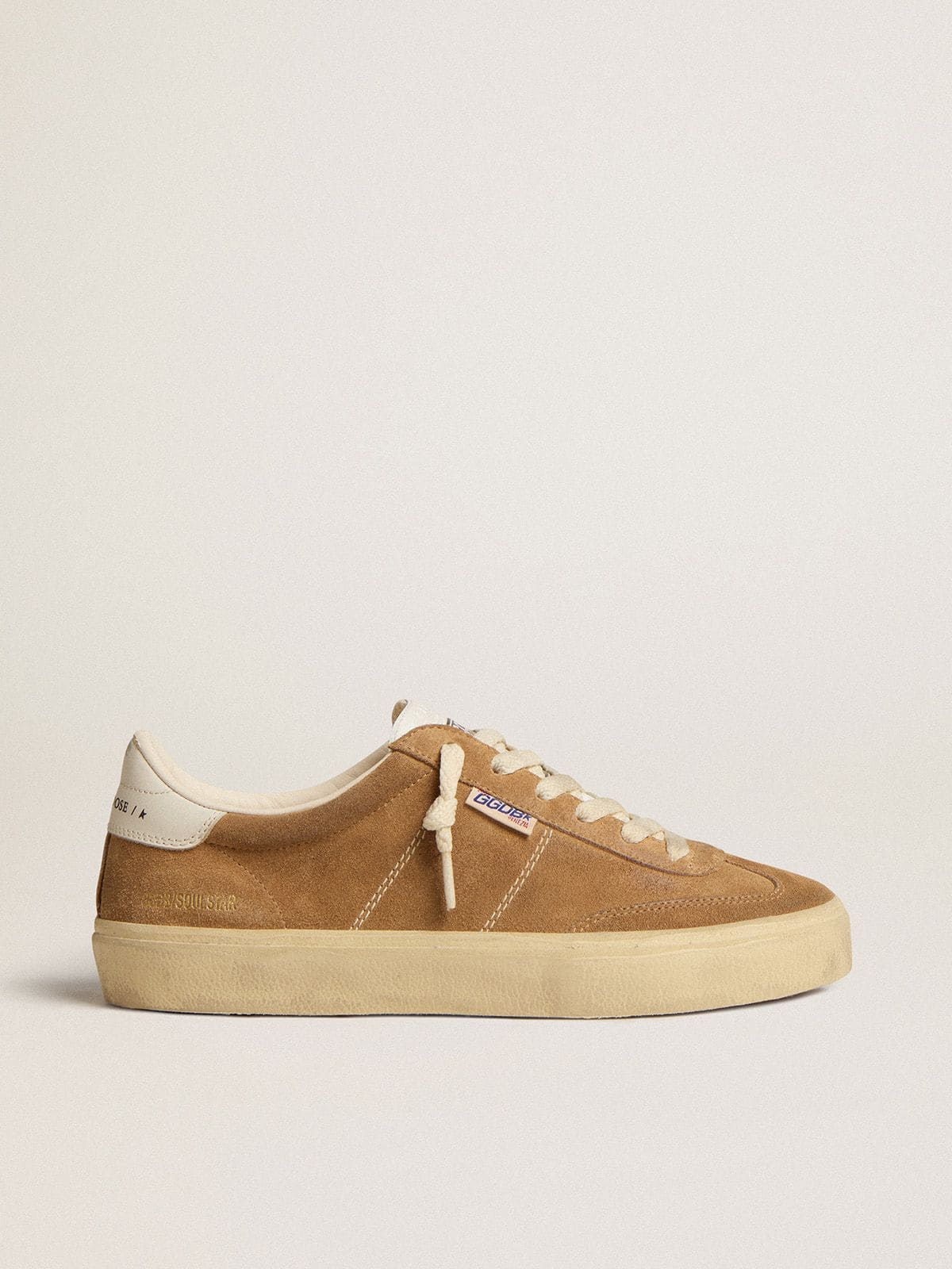 Golden Goose Women's Soul Star in camel-colored suede with white leather heel tab and tongue