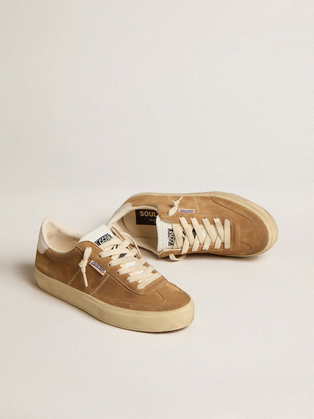 Golden Goose Women's Soul Star in camel-colored suede with white leather heel tab and tongue