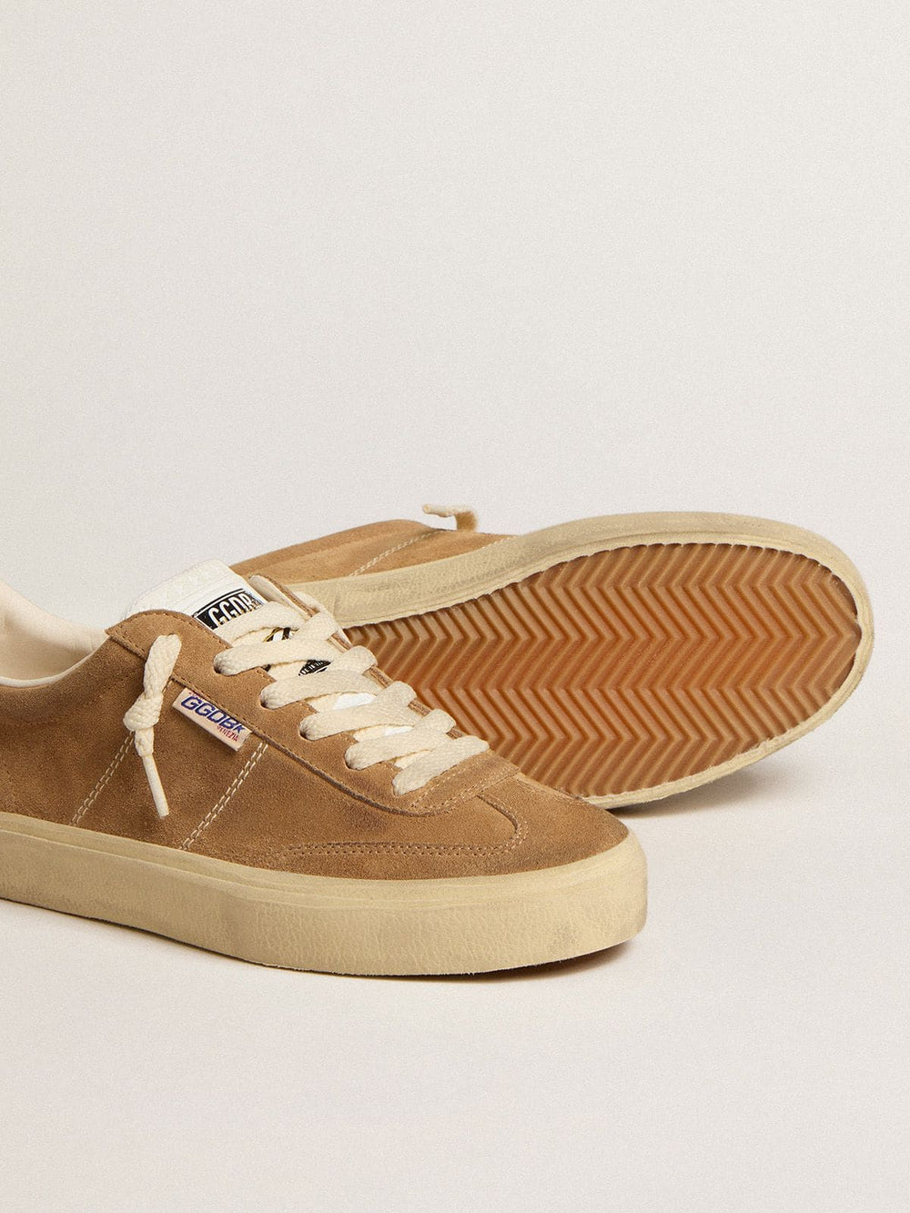 Golden Goose Women's Soul Star in camel-colored suede with white leather heel tab and tongue