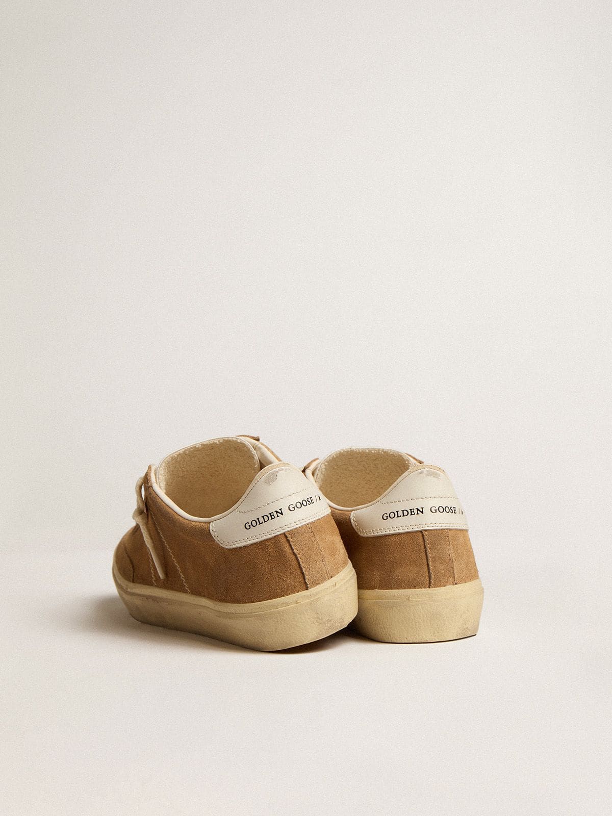Golden Goose Women's Soul Star in camel-colored suede with white leather heel tab and tongue