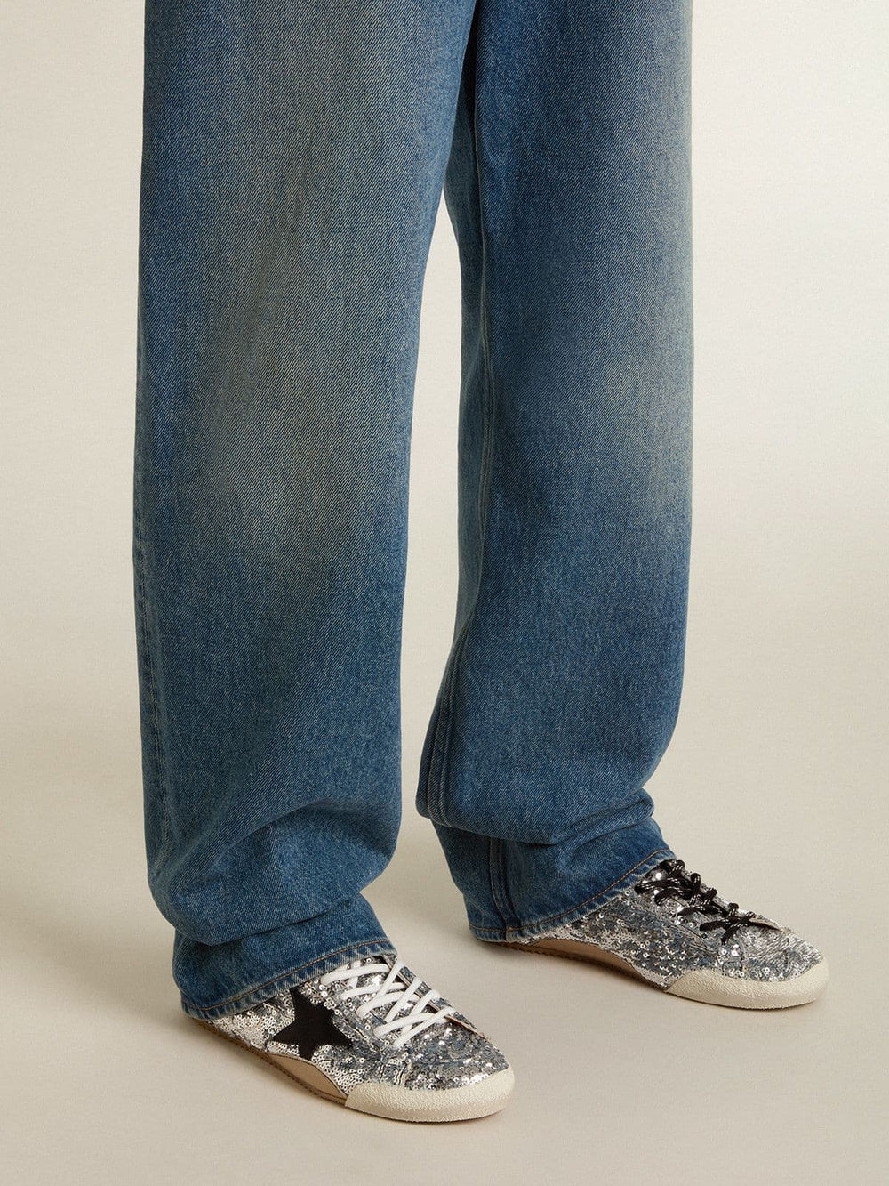 Golden Goose Women's True-Star in silver sequins with black star and silver leather heel tab