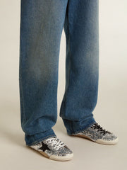 Golden Goose Women's True-Star in silver sequins with black star and silver leather heel tab