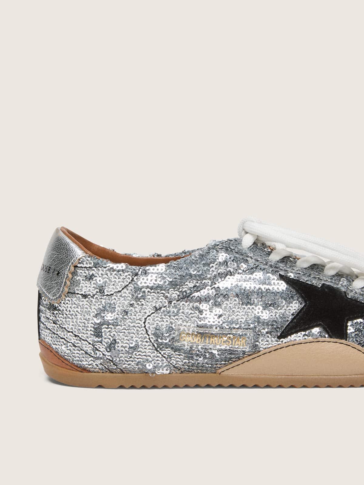 Golden Goose Women's True-Star in silver sequins with black star and silver leather heel tab