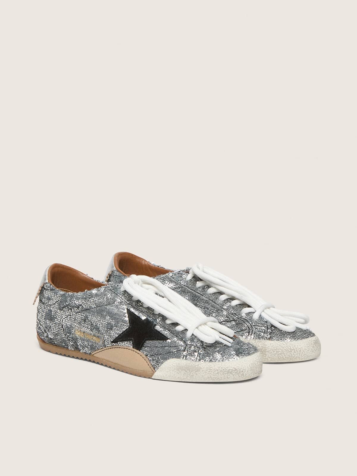 Golden Goose Women's True-Star in silver sequins with black star and silver leather heel tab