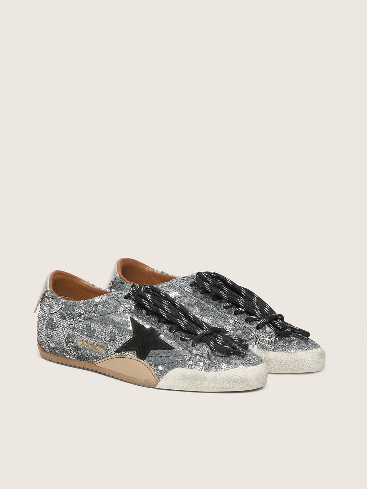 Golden Goose Women's True-Star in silver sequins with black star and silver leather heel tab