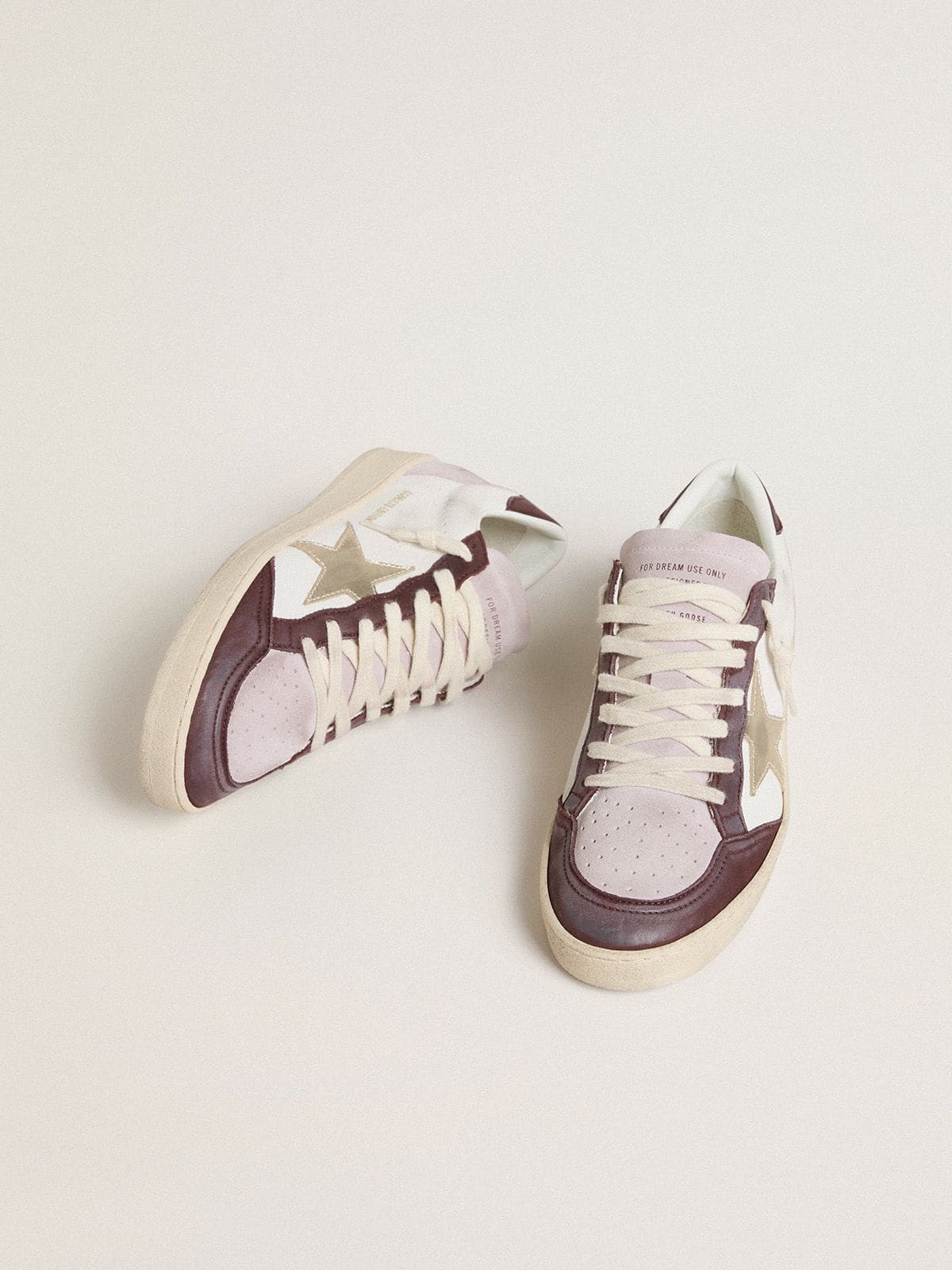 Golden Goose Women's Ball Star LTD in nappa with platinum foiled leather star and burgundy nubuck leather heel tab