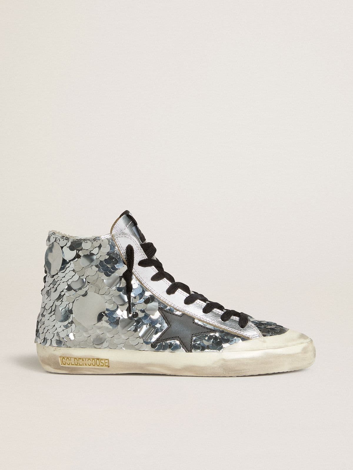 Golden Goose Women’s Francy in nylon with all-over silver sequins and black leather star