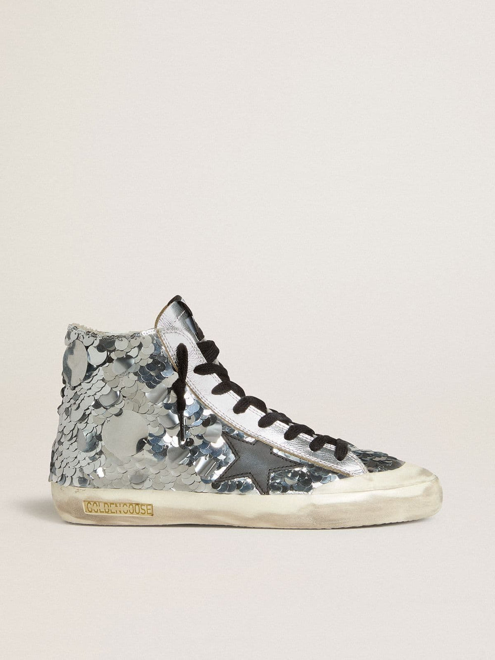Golden Goose Women’s Francy in nylon with all-over silver sequins and black leather star