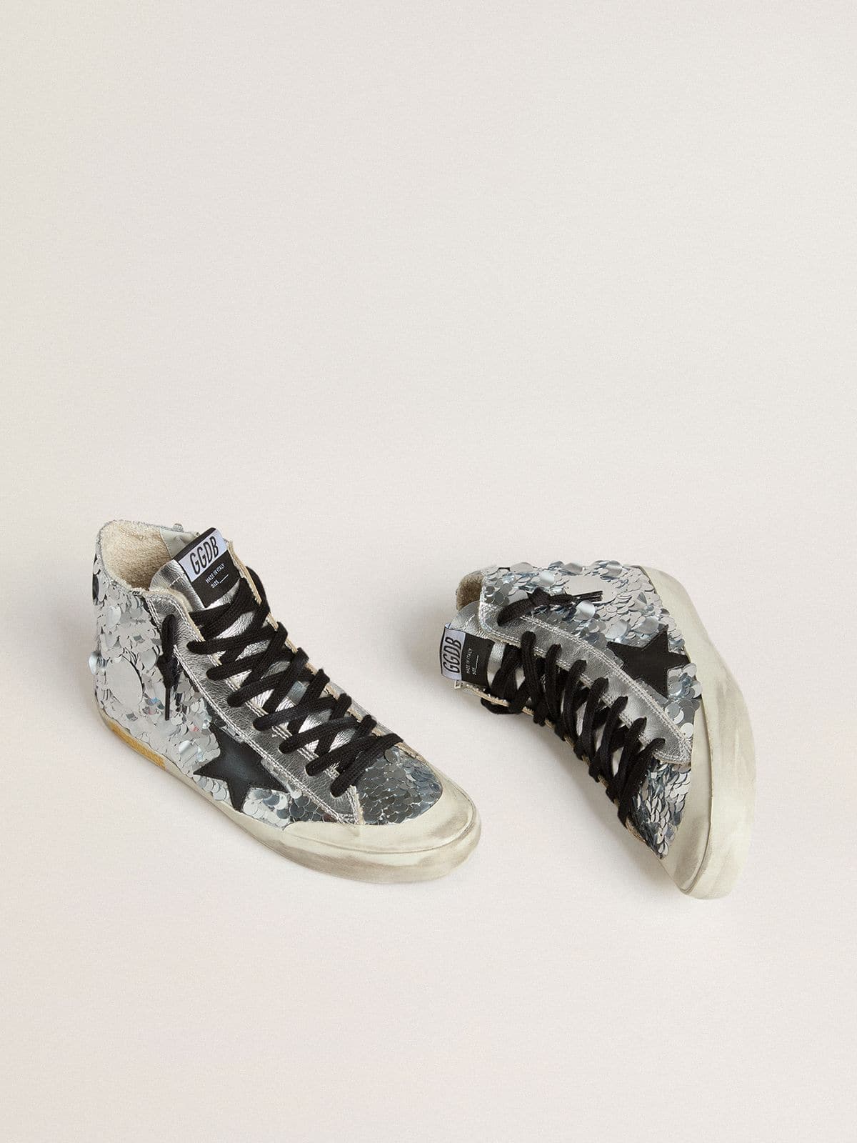Golden Goose Women’s Francy in nylon with all-over silver sequins and black leather star