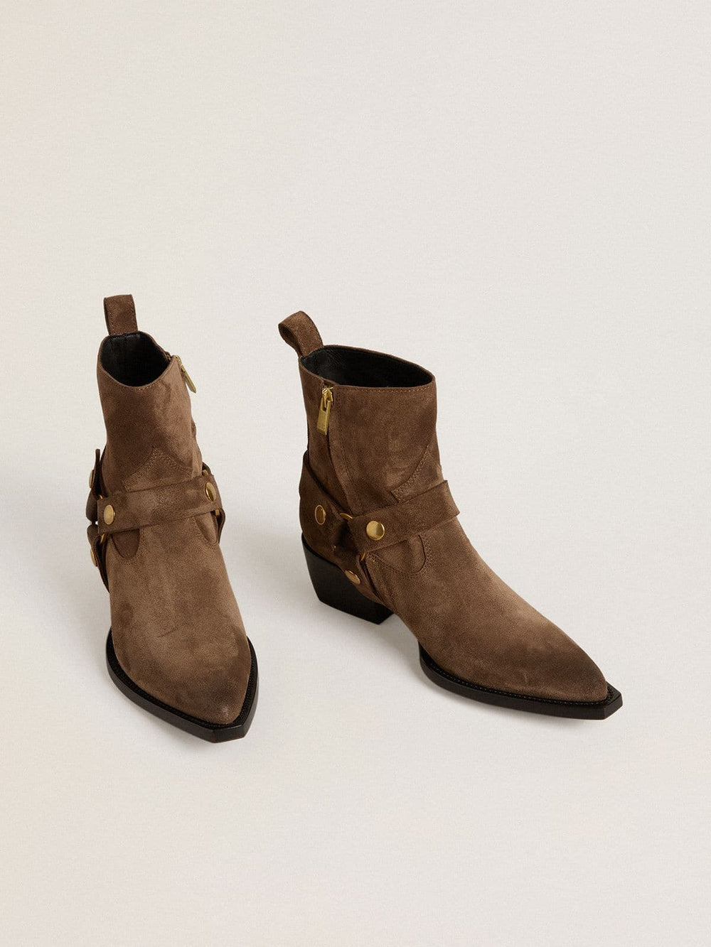 Golden Goose Low Debbie boots in dove-gray suede with removable buckle