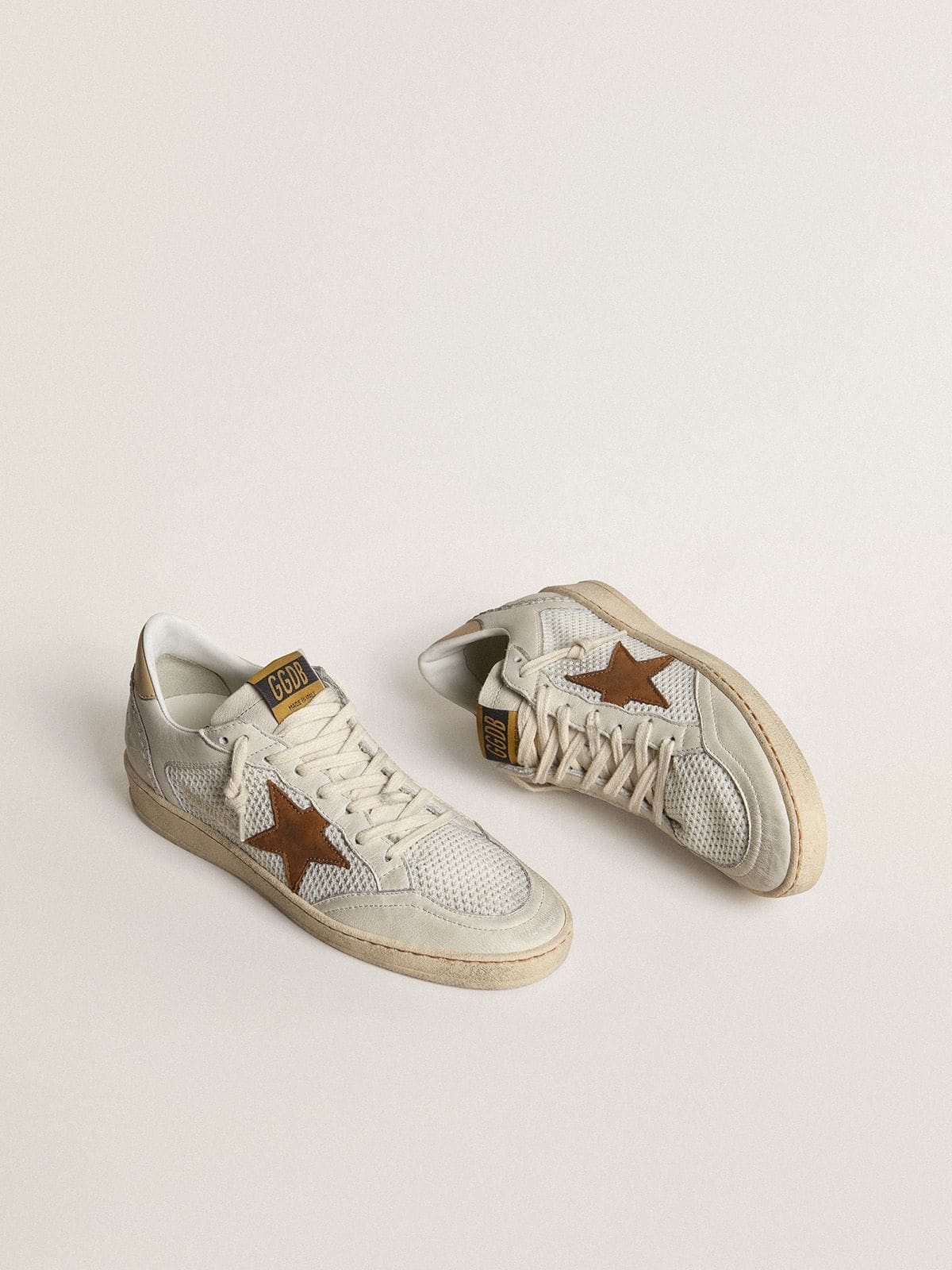Golden Goose Women's Ball Star in white nappa and mesh with tobacco-colored nubuck star and beige heel tab