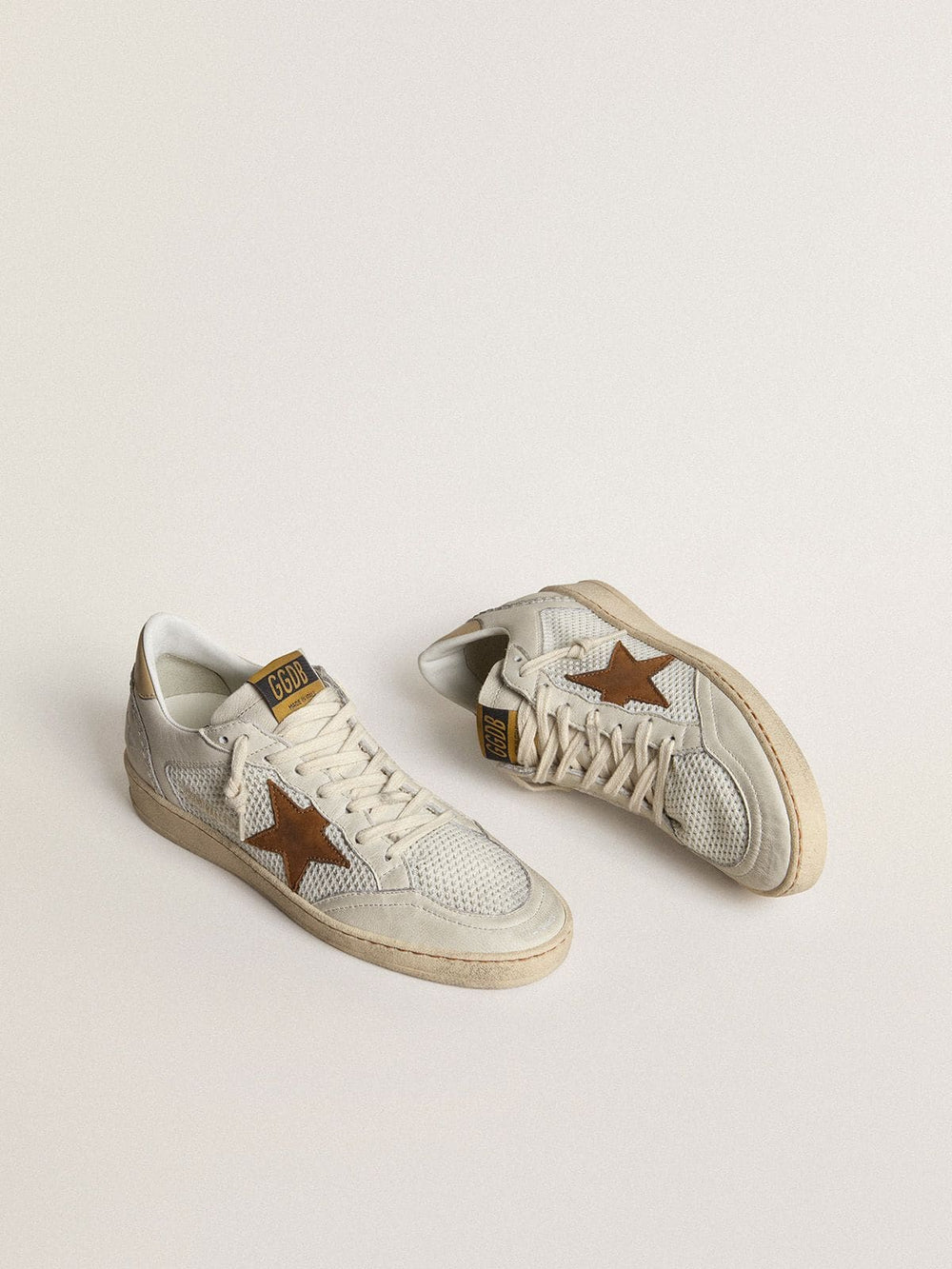 Golden Goose Women's Ball Star in white nappa and mesh with tobacco-colored nubuck star and beige heel tab