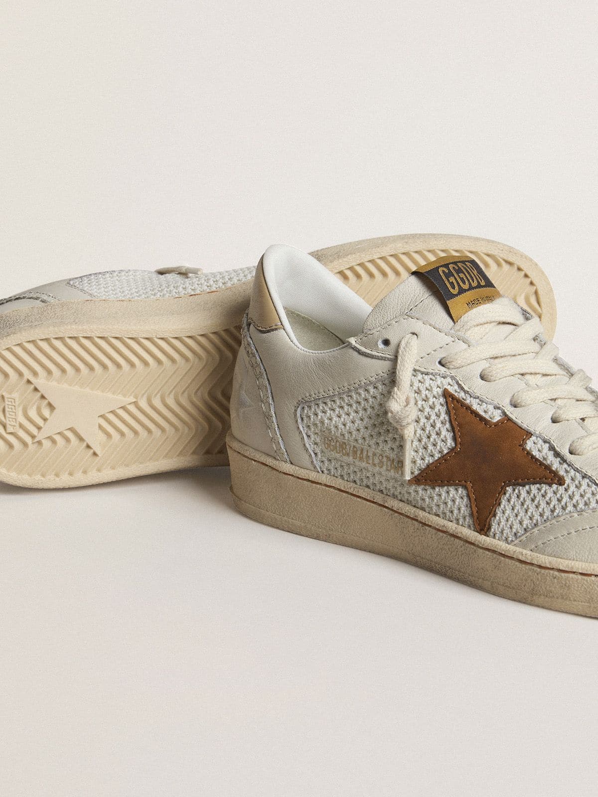 Golden Goose Women's Ball Star in white nappa and mesh with tobacco-colored nubuck star and beige heel tab