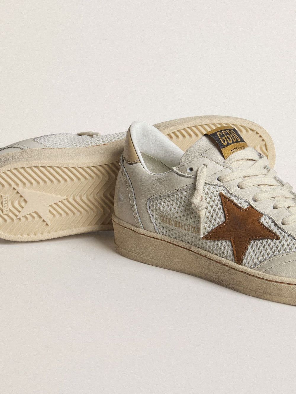 Golden Goose Women's Ball Star in white nappa and mesh with tobacco-colored nubuck star and beige heel tab