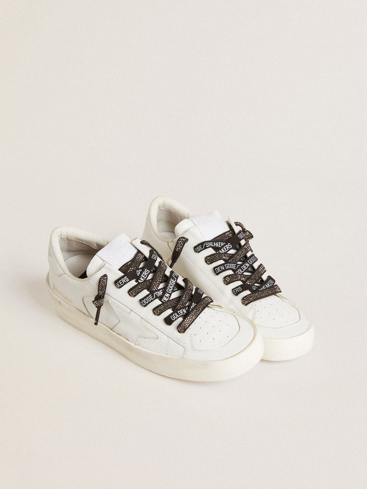 Golden Goose Black cotton laces with silver Swarovski crystals and white logo