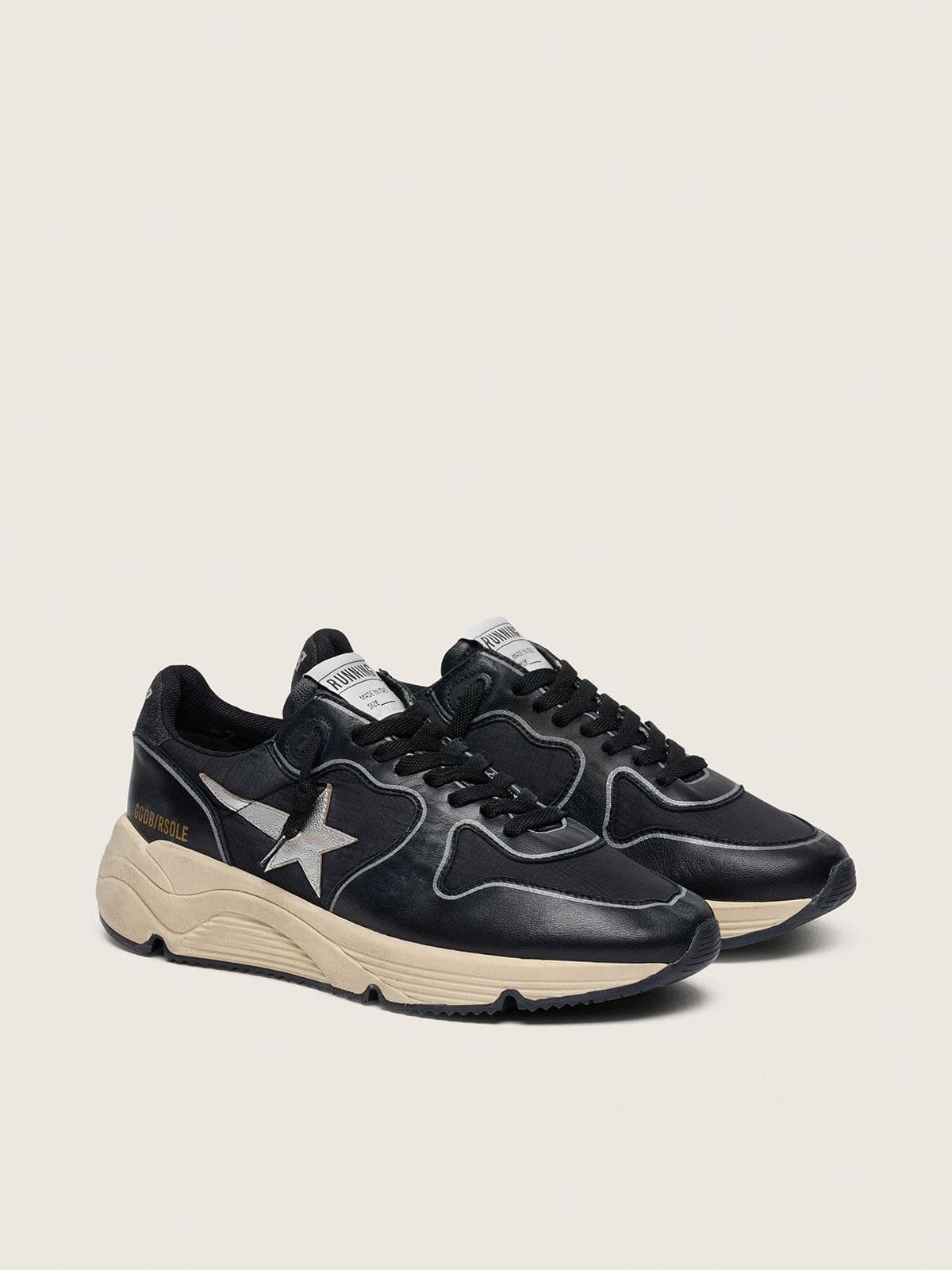 Golden Goose Women’s Running Sole in black nappa leather and nylon with a silver leather star