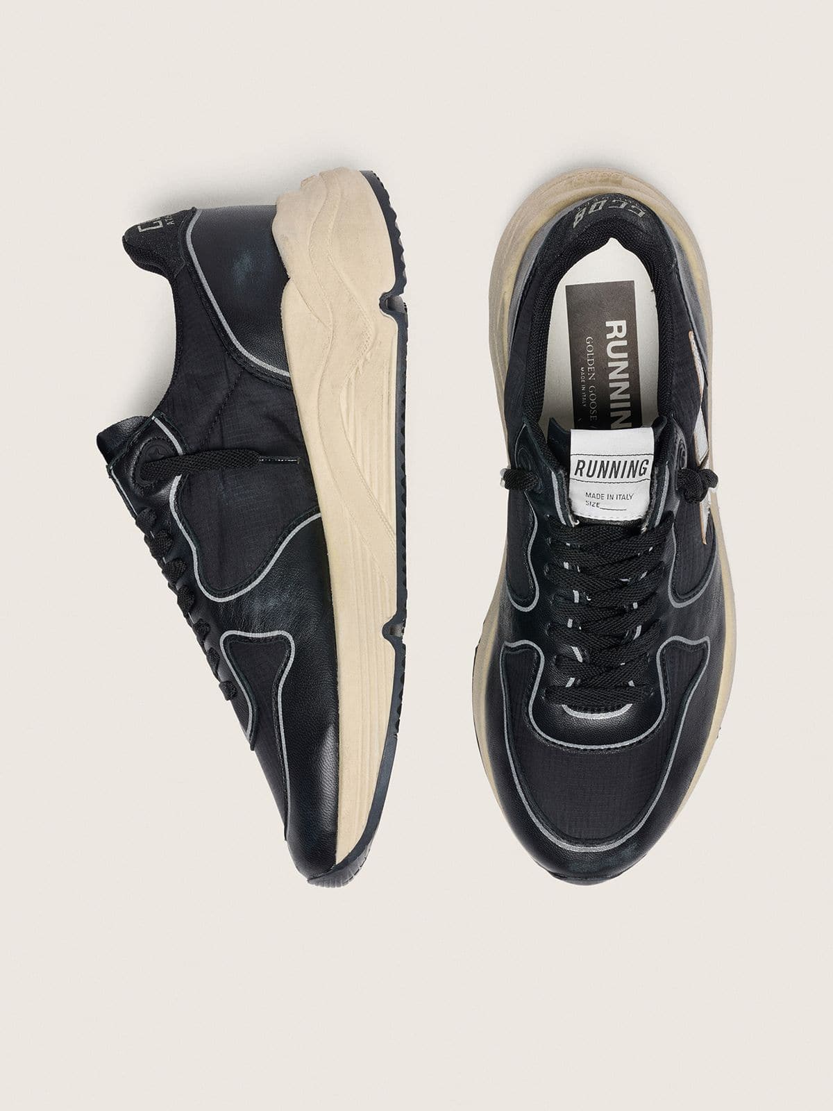 Golden Goose Women’s Running Sole in black nappa leather and nylon with a silver leather star