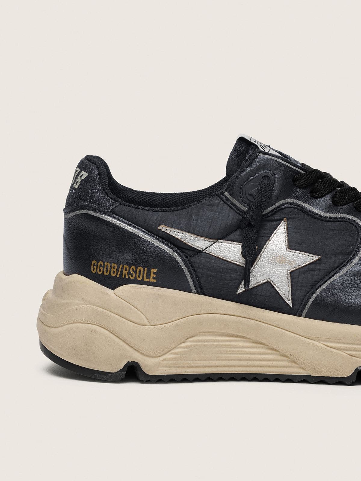 Golden Goose Women’s Running Sole in black nappa leather and nylon with a silver leather star