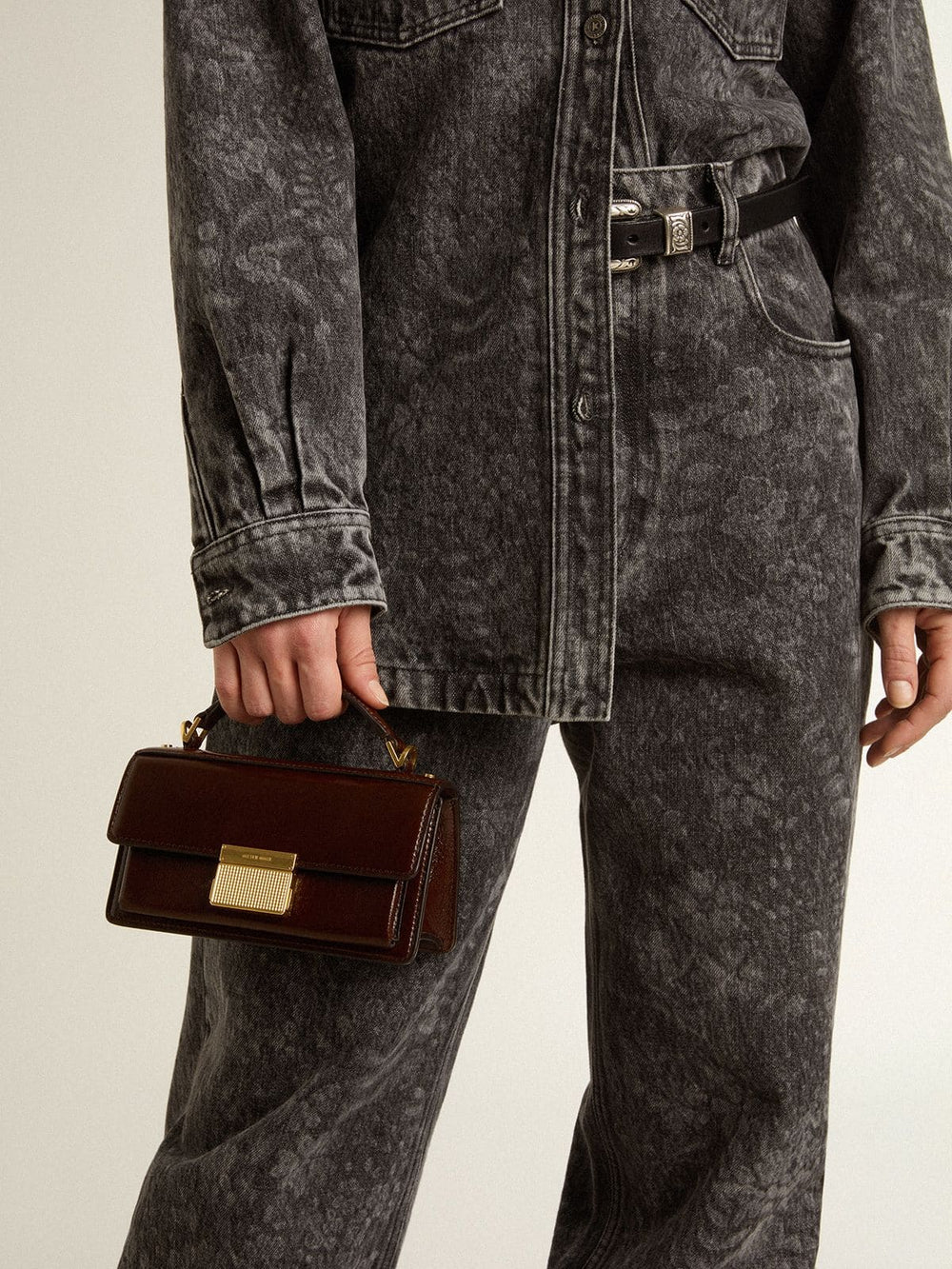 Golden Goose Small Venezia Bag in dark brown laminated leather with gold details