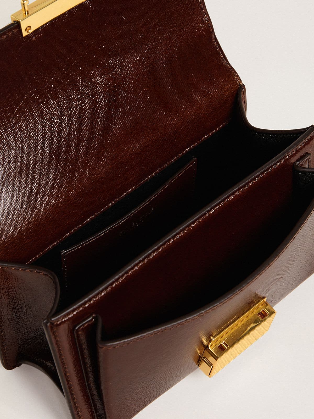 Golden Goose Small Venezia Bag in dark brown laminated leather with gold details
