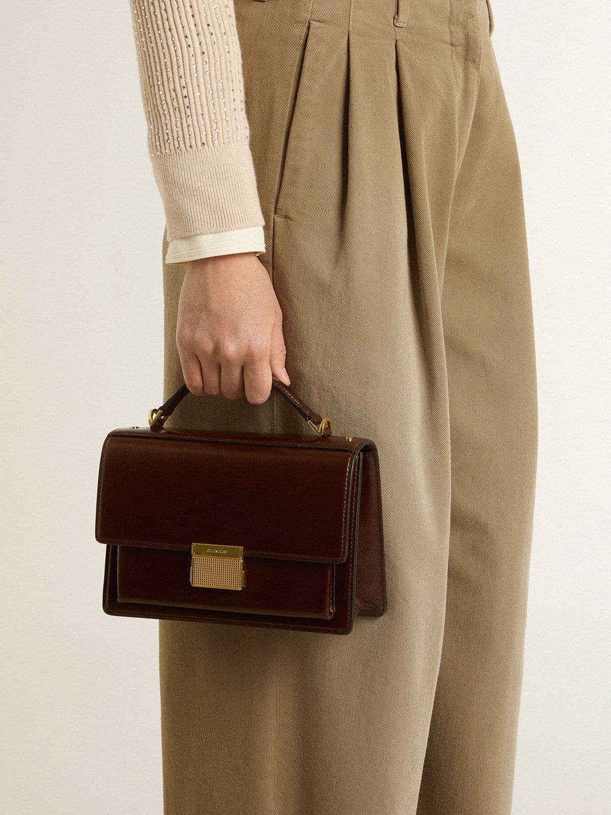 Golden Goose Venezia Bag in dark brown laminated leather with gold details