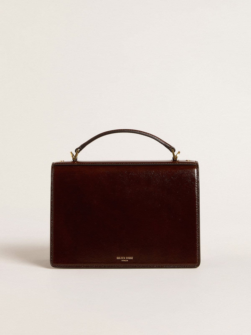 Golden Goose Venezia Bag in dark brown laminated leather with gold details