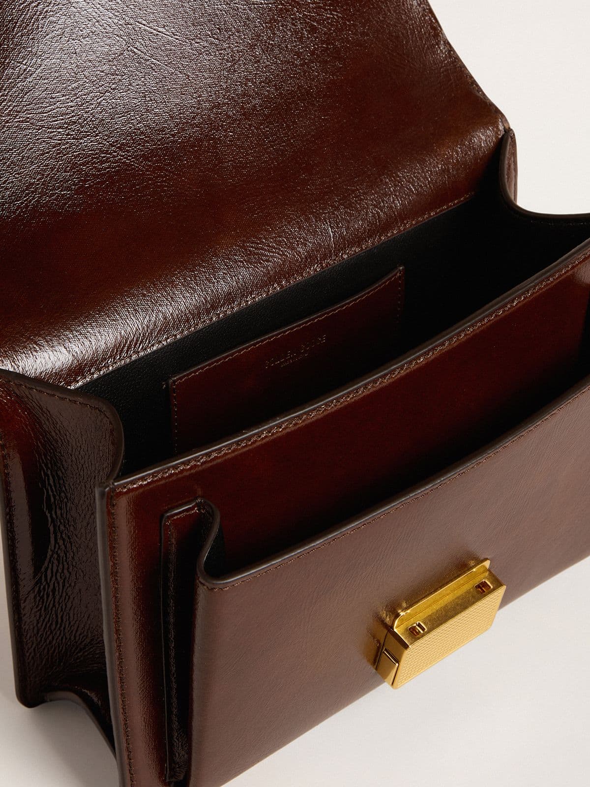 Golden Goose Venezia Bag in dark brown laminated leather with gold details