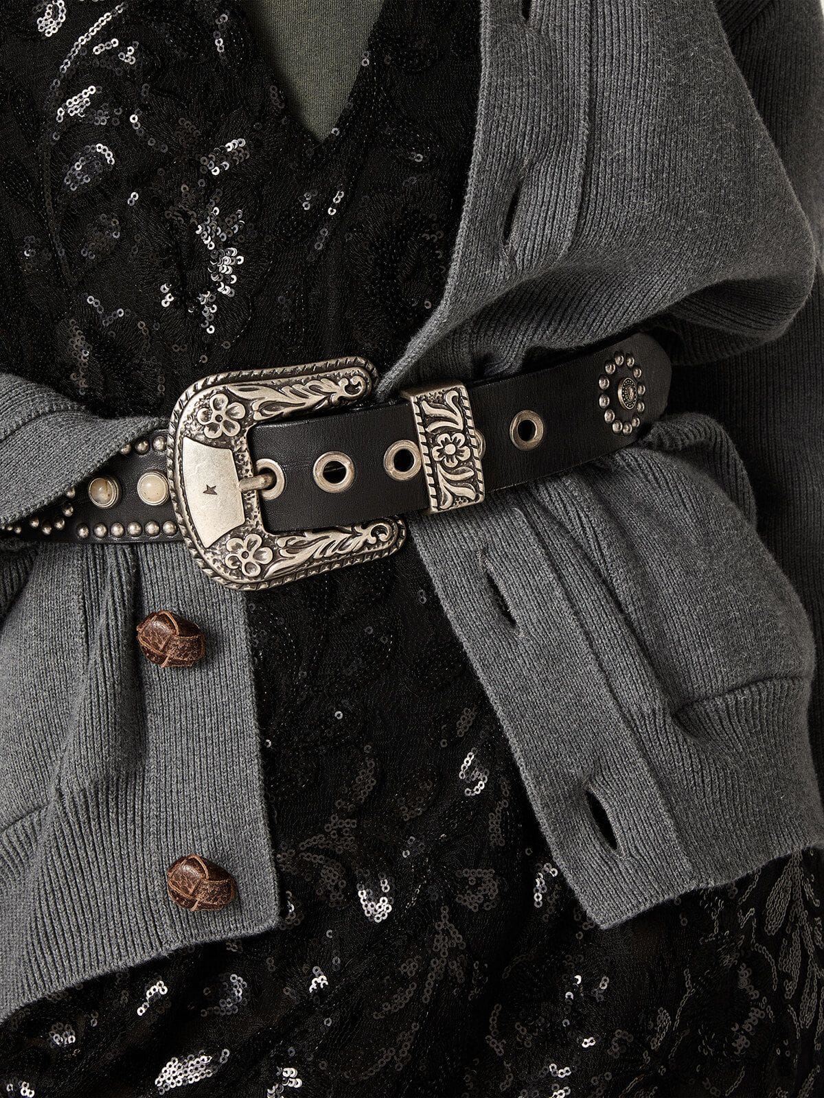 Golden Goose Lace belt in tan-colored washed leather with studs and inlays