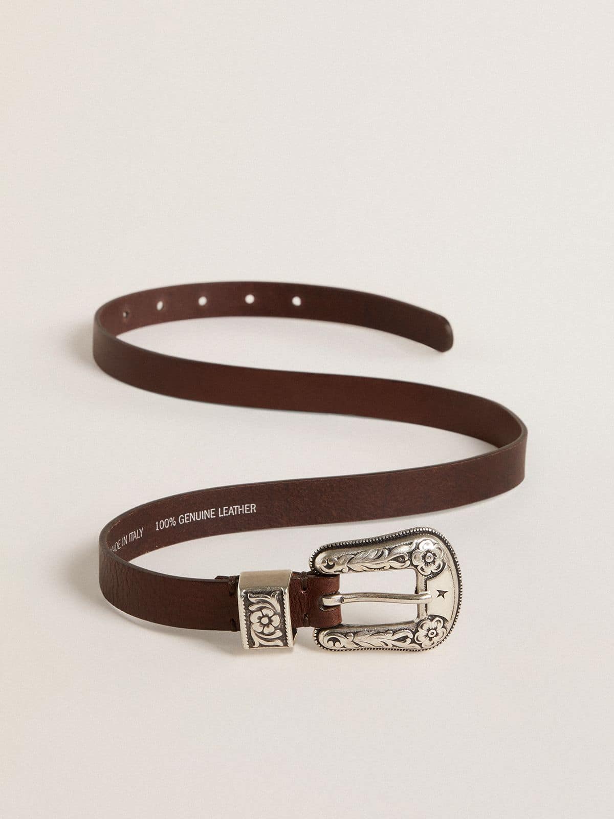 Golden Goose Women's dark brown leather belt with decorated silver buckle