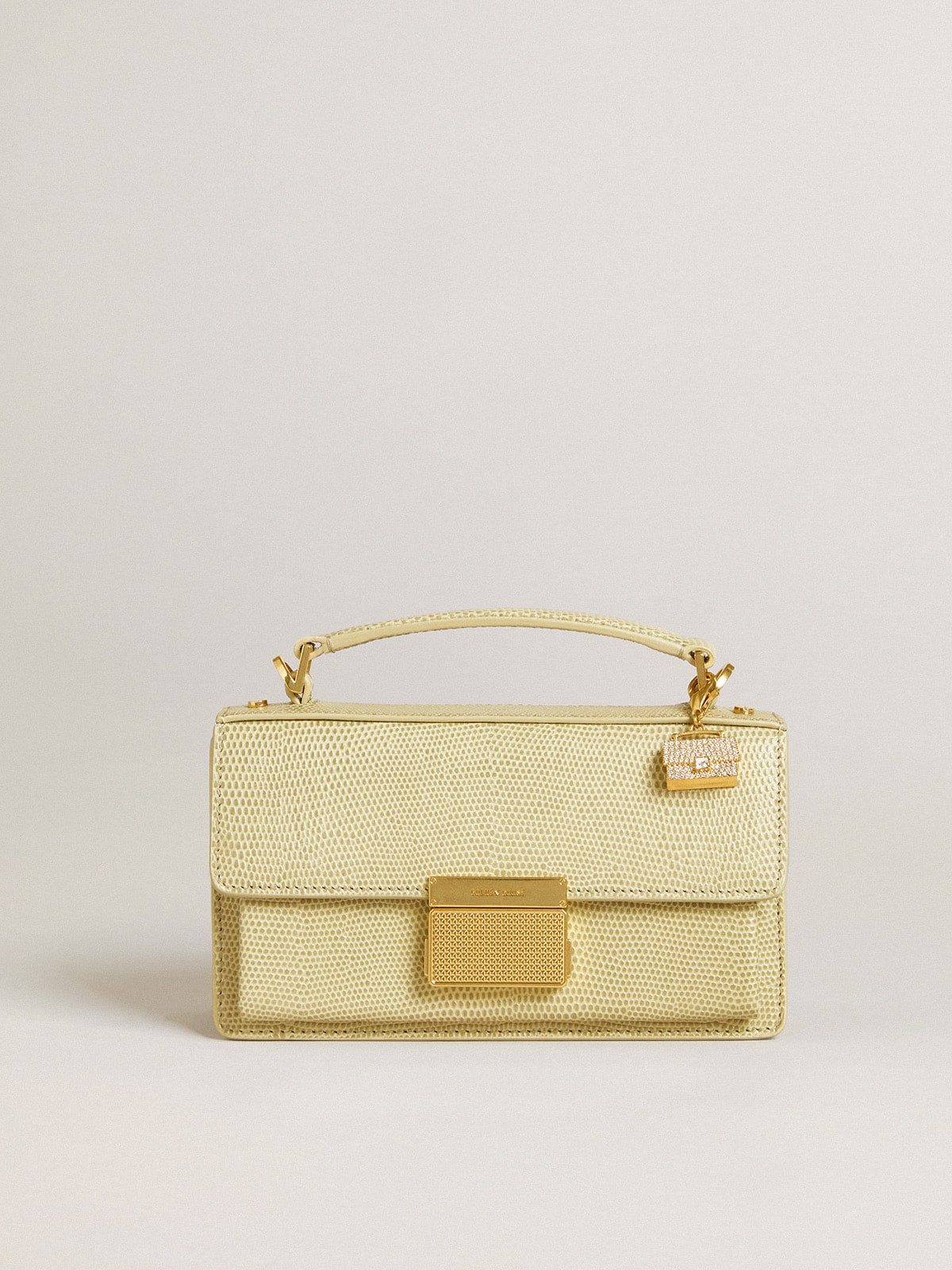 Golden Goose Purse-shaped charm in gold-colored brass with crystals