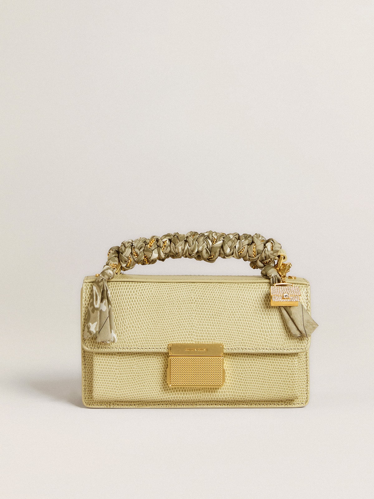 Golden Goose Purse-shaped charm in gold-colored brass with crystals