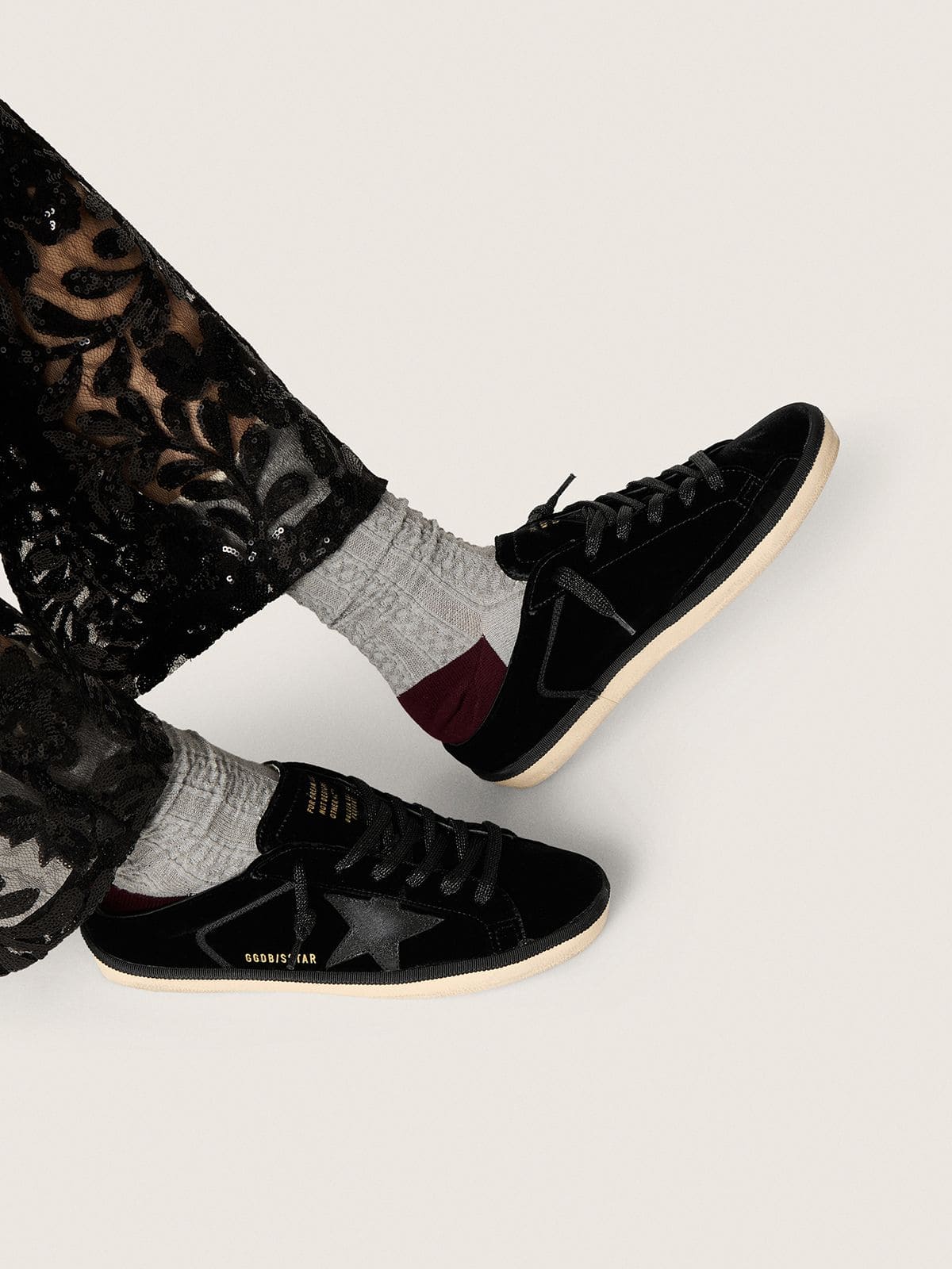 Golden Goose Women's Super-Star Sabots in black velvet with a black leather star with micro-glitter