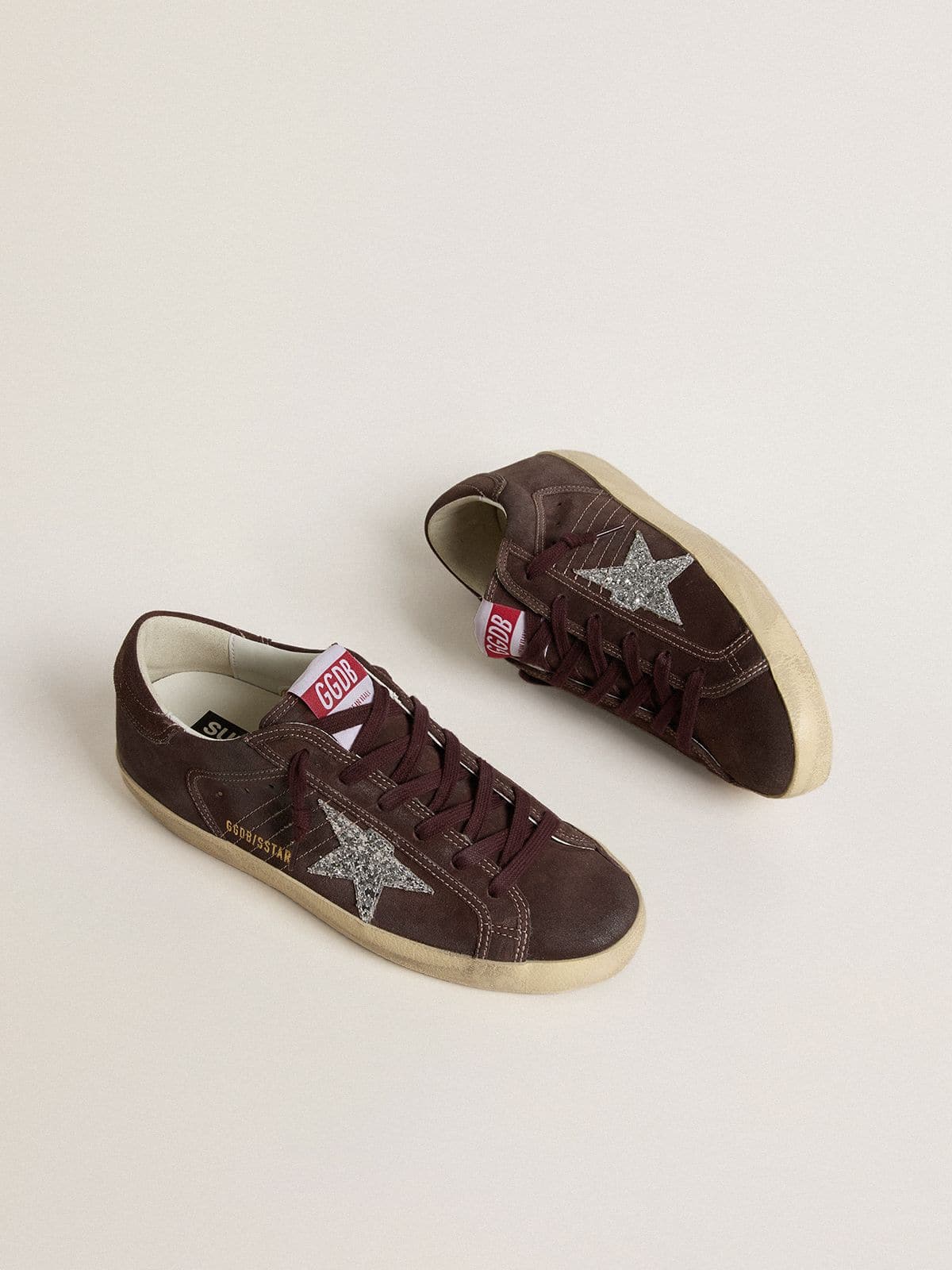 Golden Goose Women's Super-Star in brown suede with silver glitter star