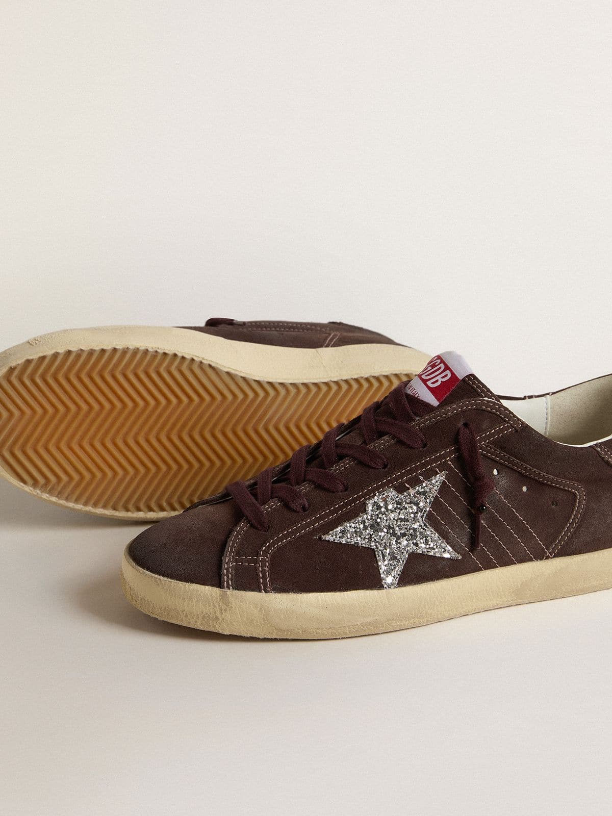 Golden Goose Women's Super-Star in brown suede with silver glitter star