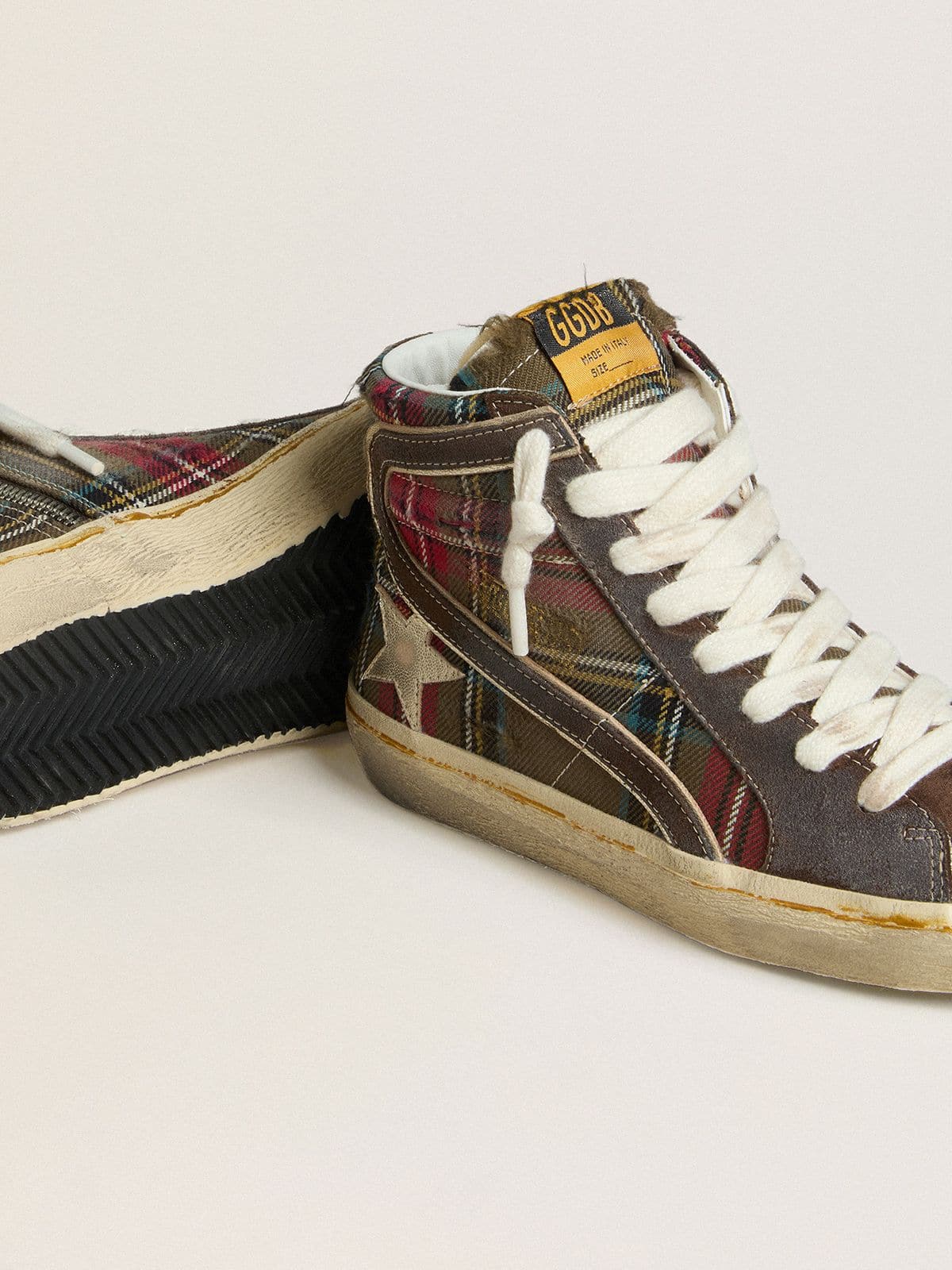 Golden Goose Women's Slide in red tartan with silver nappa leather star and black suede flash