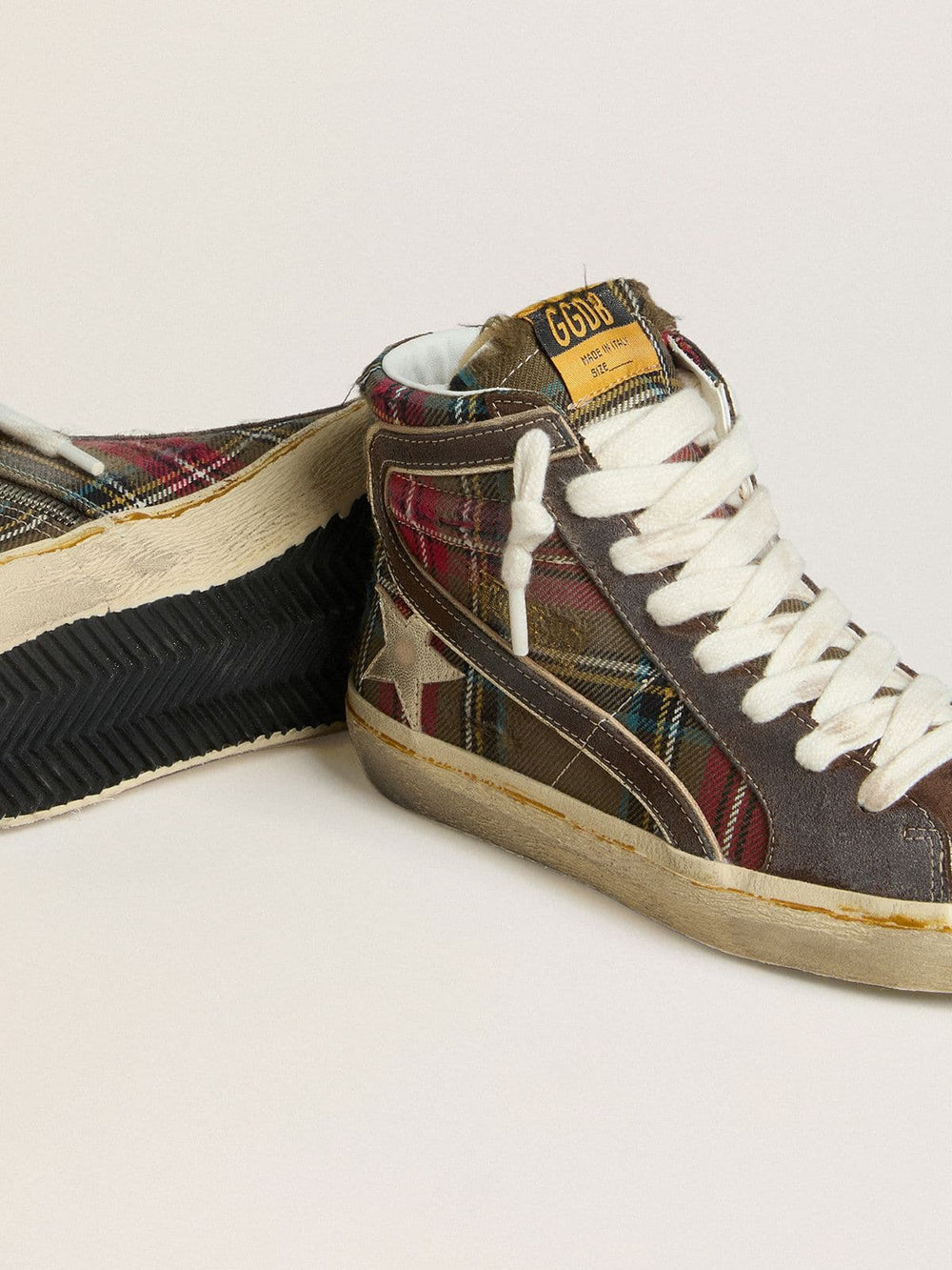 Golden Goose Women's Slide in red tartan with silver nappa leather star and black suede flash