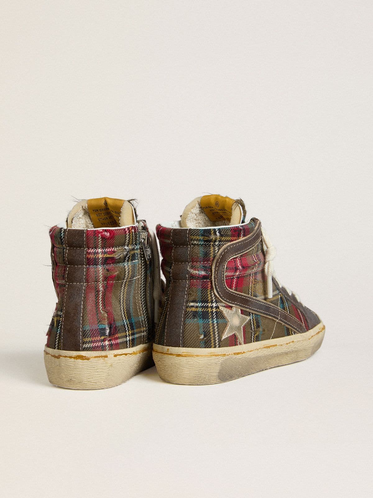 Golden Goose Women's Slide in red tartan with silver nappa leather star and black suede flash