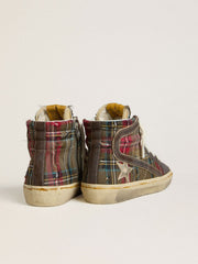 Golden Goose Women's Slide in red tartan with silver nappa leather star and black suede flash