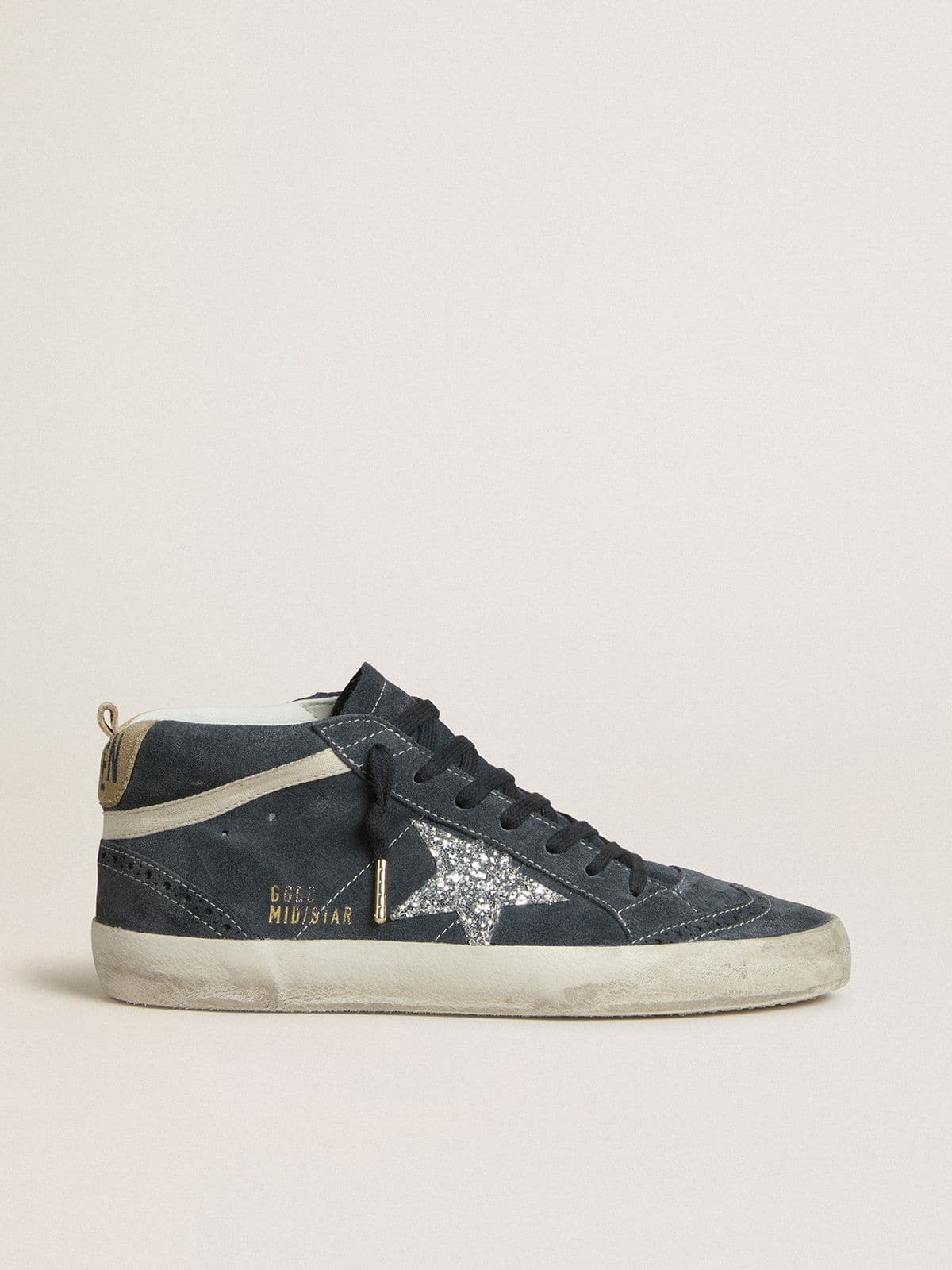 Golden Goose Women's Mid Star in petrol-blue suede with silver glitter star and cotton flash