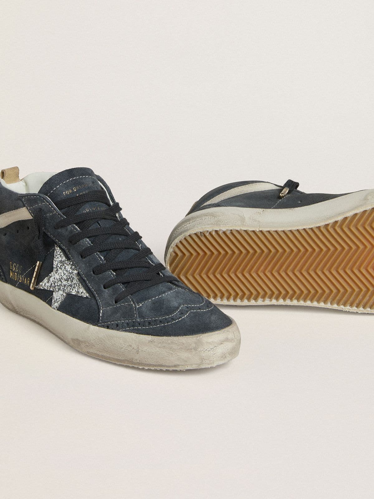 Golden Goose Women's Mid Star in petrol-blue suede with silver glitter star and cotton flash
