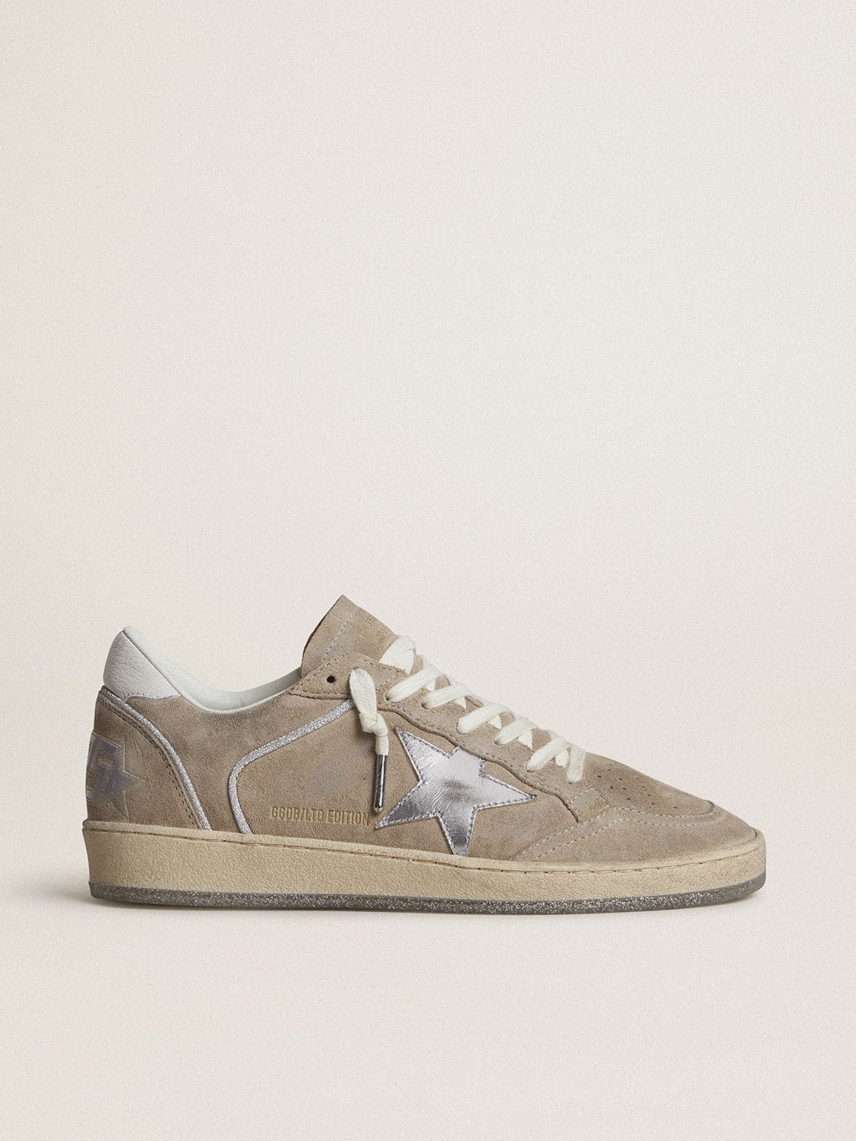 Golden Goose Women's Ball Star LTD in beige suede with silver metallic leather star and white leather heel tab