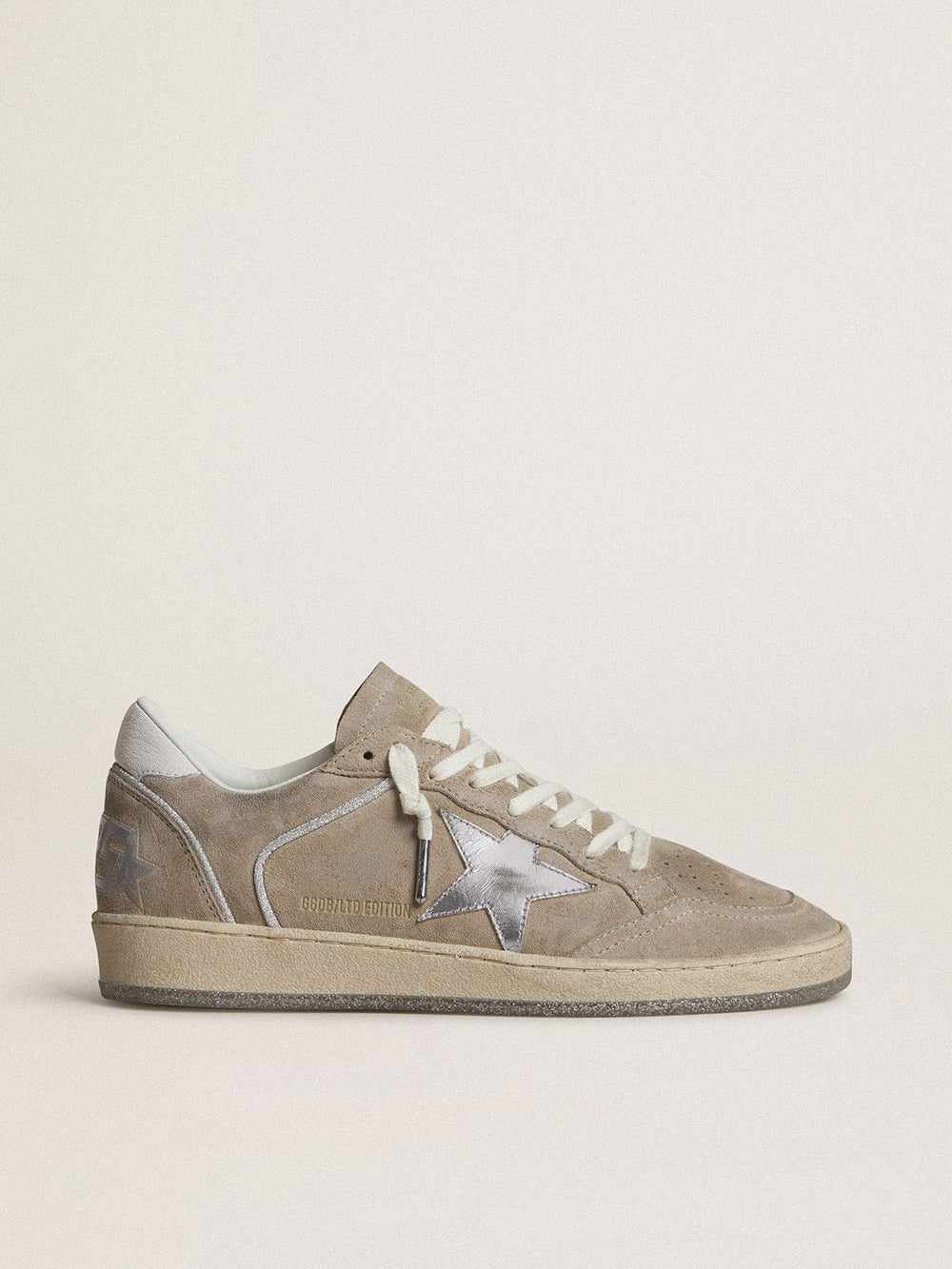 Golden Goose Women's Ball Star LTD in beige suede with silver metallic leather star and white leather heel tab