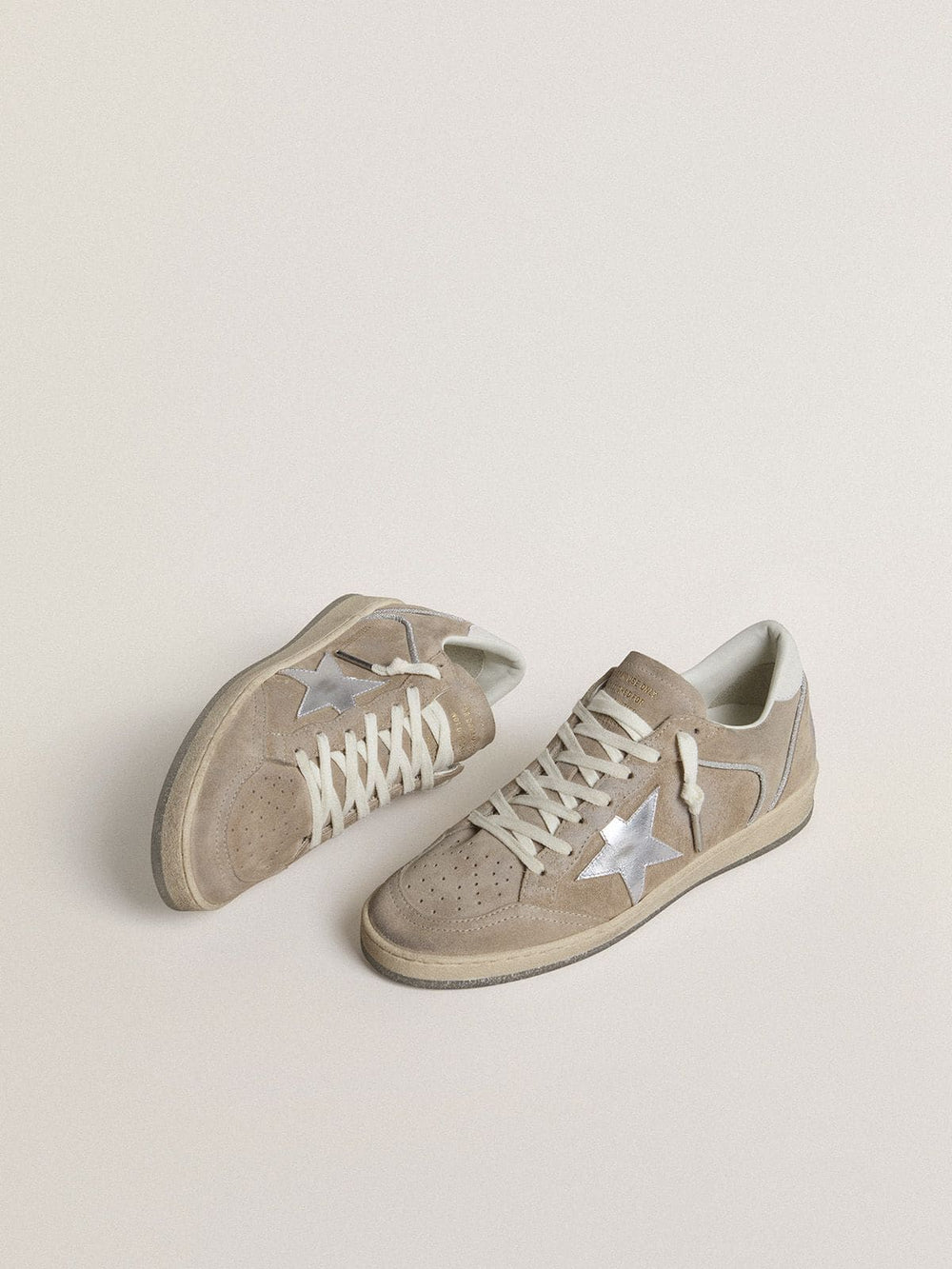 Golden Goose Women's Ball Star LTD in beige suede with silver metallic leather star and white leather heel tab