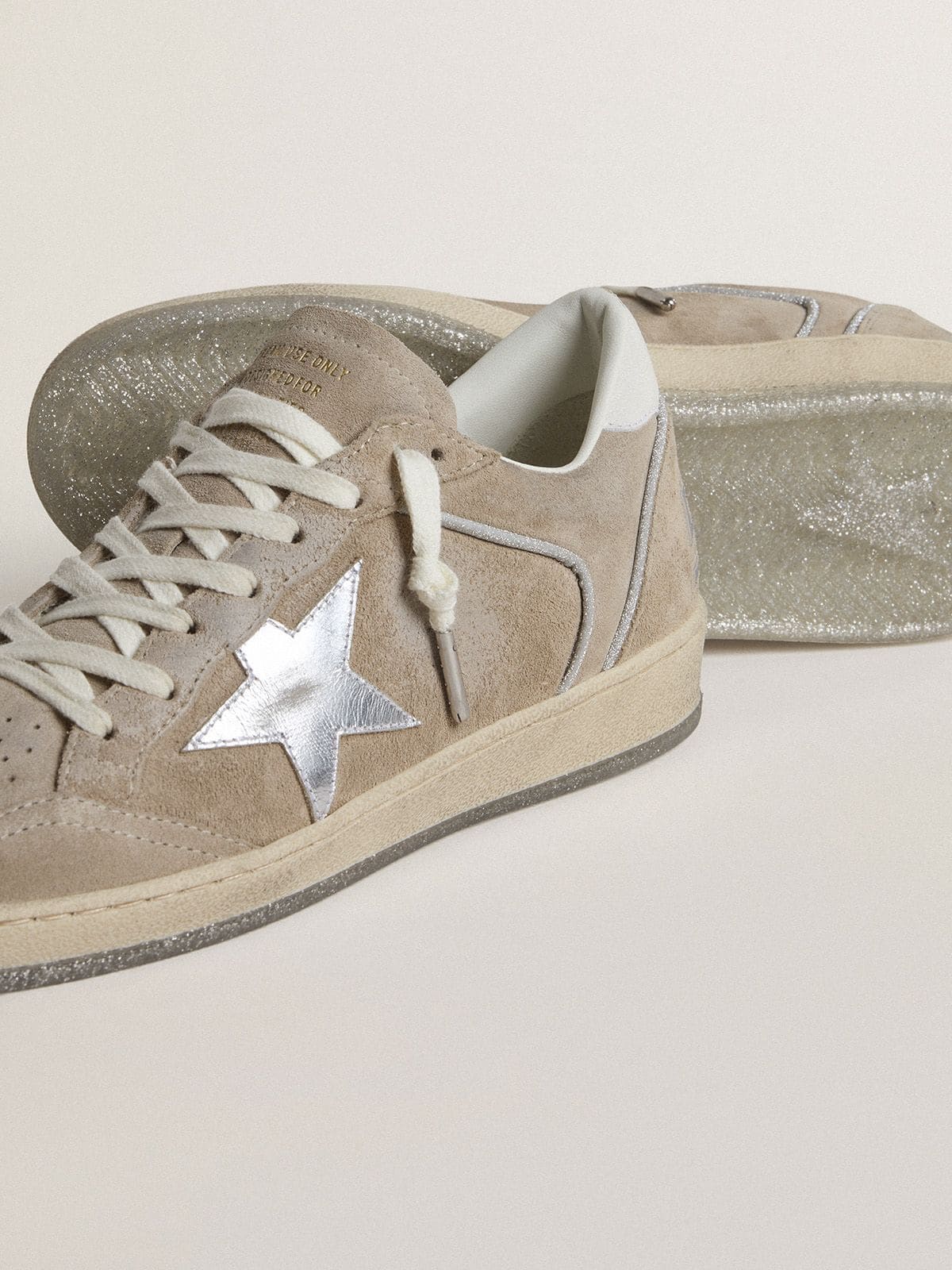 Golden Goose Women's Ball Star LTD in beige suede with silver metallic leather star and white leather heel tab