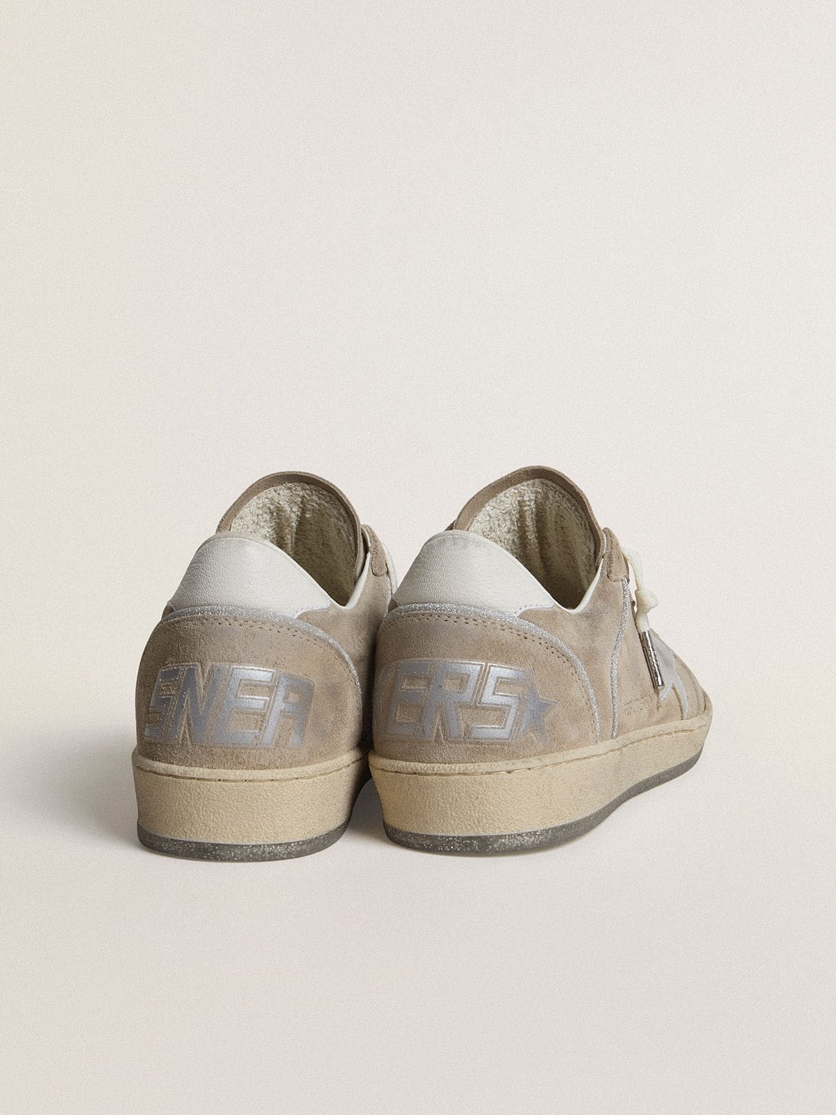Golden Goose Women's Ball Star LTD in beige suede with silver metallic leather star and white leather heel tab