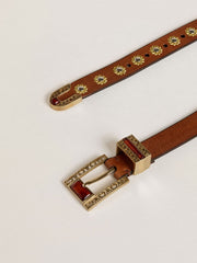 Golden Goose Brown leather belt with golden floral studs and amber inserts