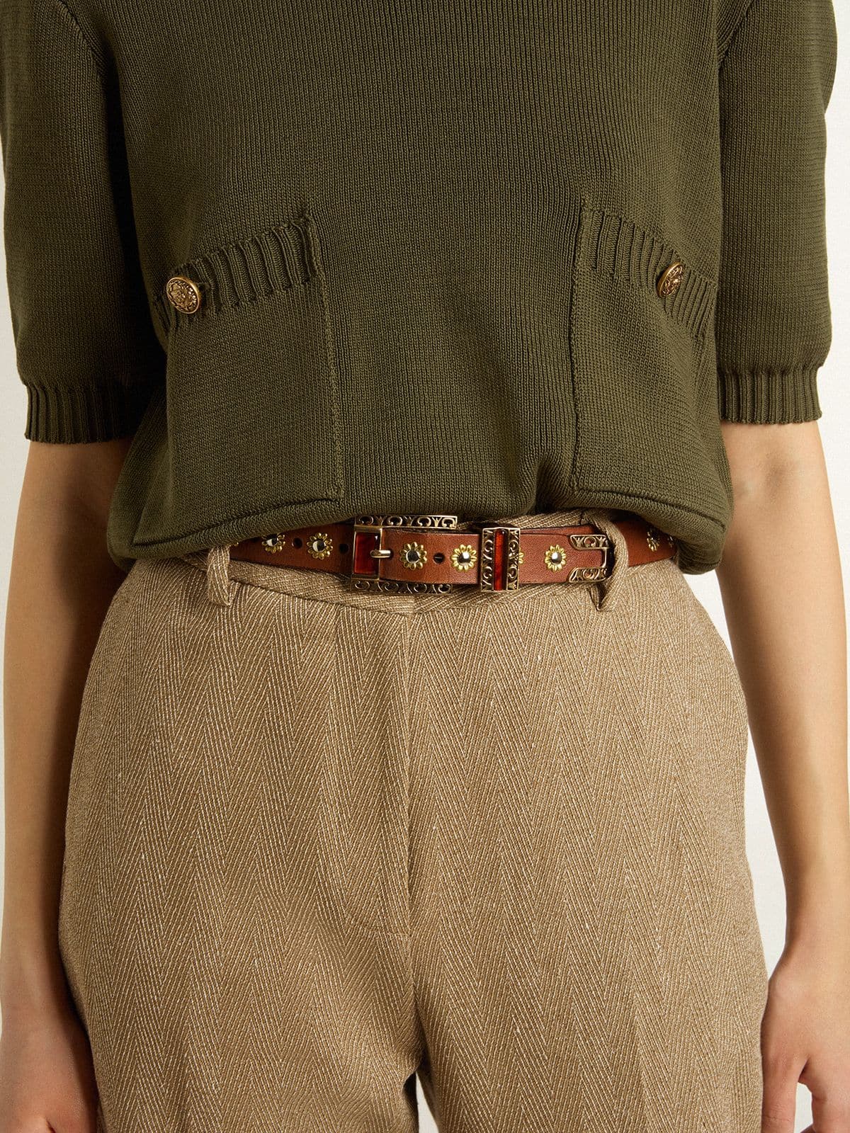 Golden Goose Brown leather belt with golden floral studs and amber inserts